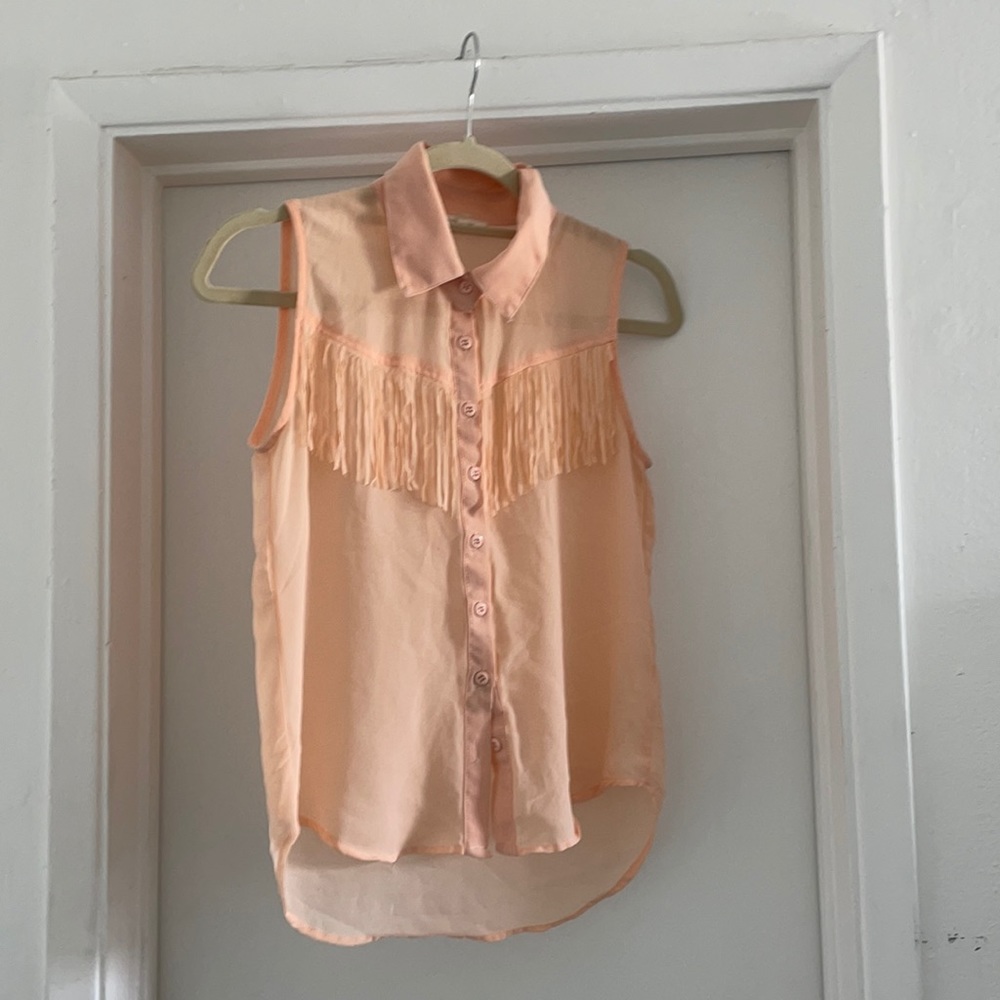 Cowboy see tru fringy peachy blouse